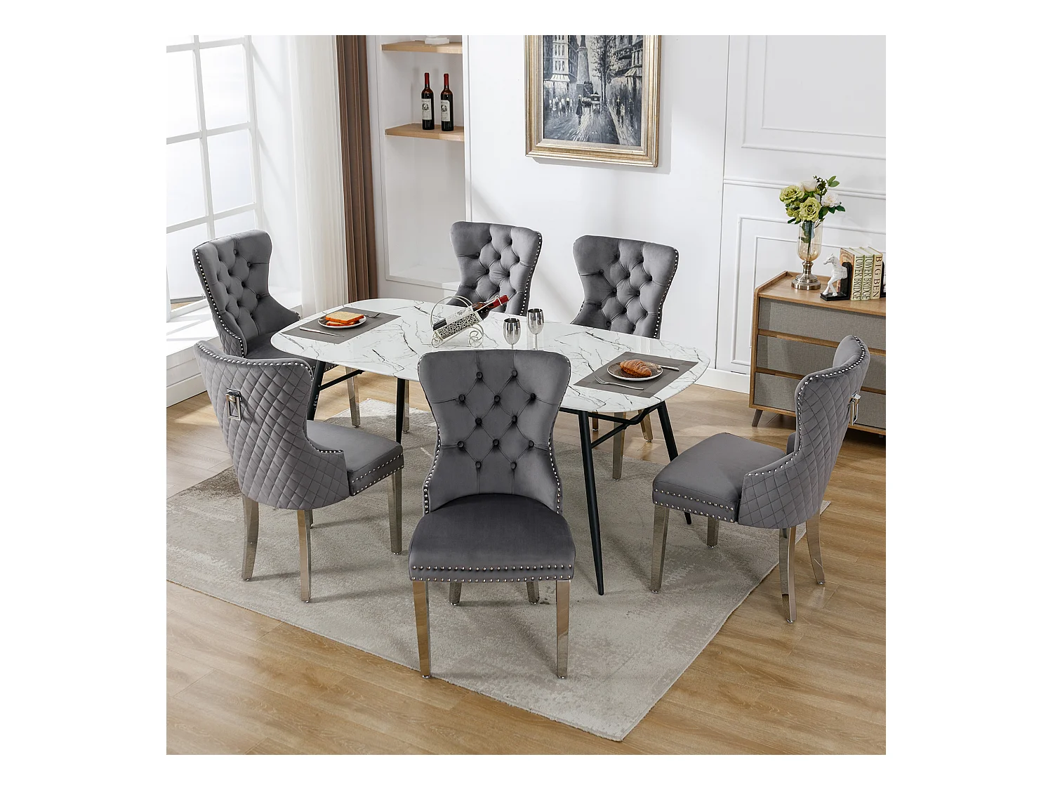Lot de 6 Chaise de salle à manger rembourrée avec garniture en tête de clou et pieds en métal - Gris
