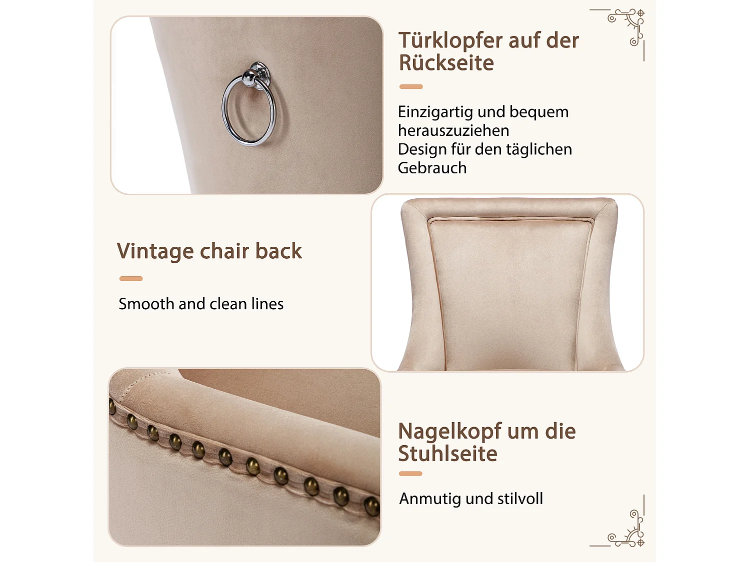 Lot de 4 Chaise de salle à manger Rembourrée avec garniture cloutée et pieds en bois - Beige