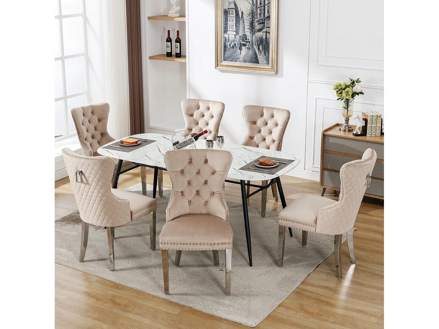 Lot de 6 Chaise de salle à manger rembourrée avec garniture en tête de clou et pieds en métal - Beige