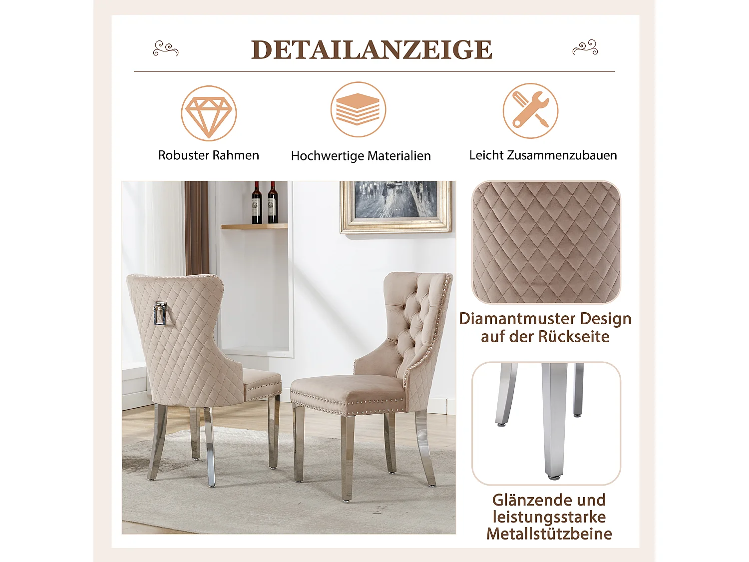 Lot de 6 Chaise de salle à manger rembourrée avec garniture en tête de clou et pieds en métal - Beige