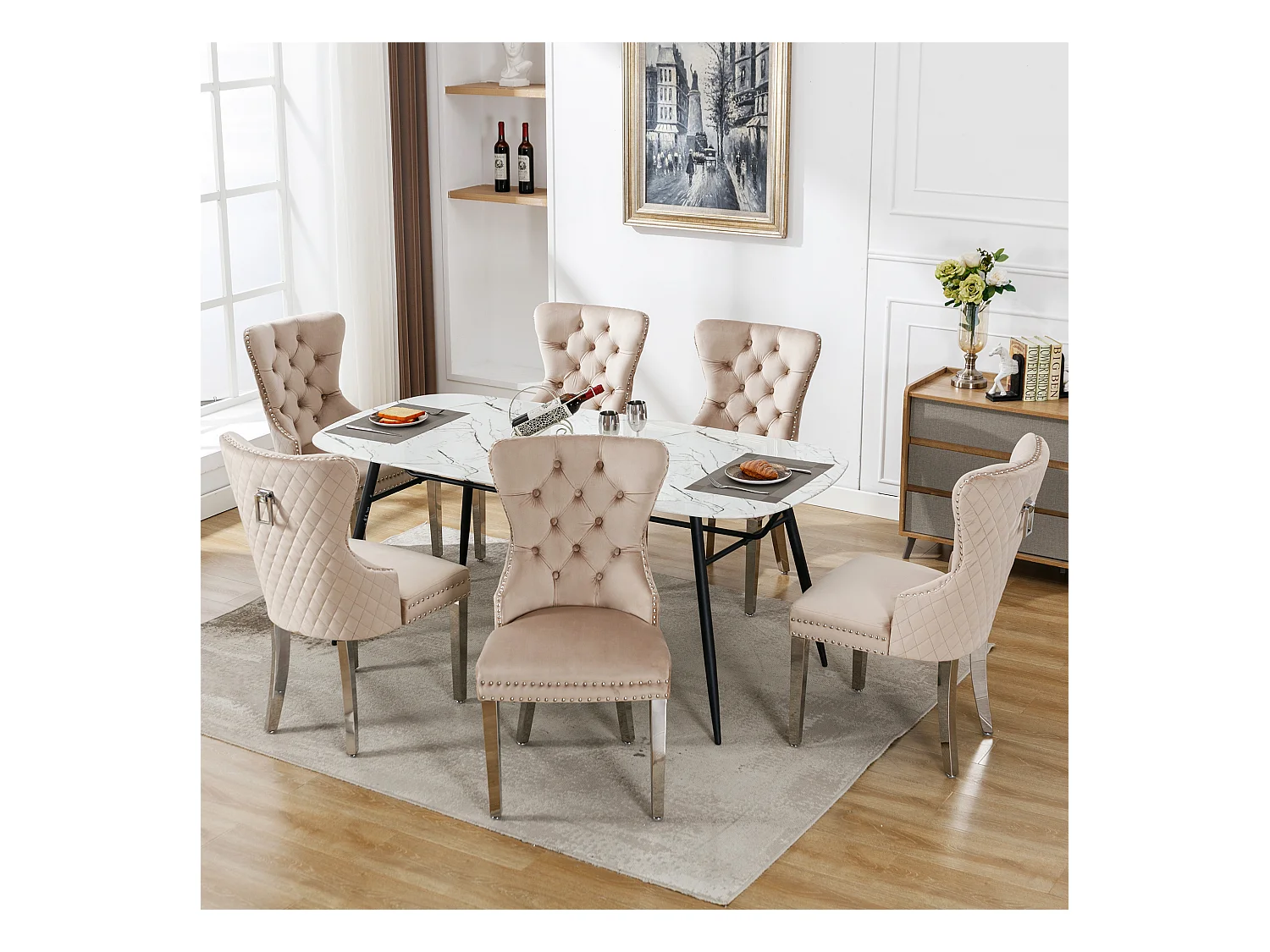 Lot de 6 Chaise de salle à manger rembourrée avec garniture en tête de clou et pieds en métal - Beige