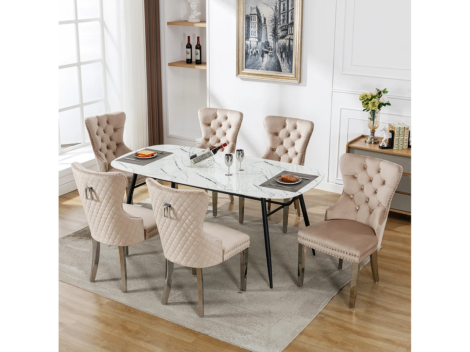 Lot de 6 Chaise de salle à manger rembourrée avec garniture en tête de clou et pieds en métal - Beige