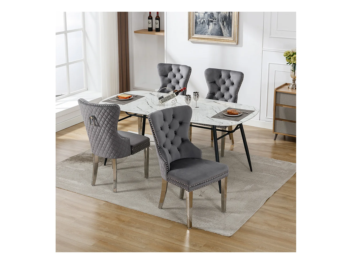 Lot de 4 Chaise de salle à manger rembourrée avec garniture en tête de clou et pieds en métal - Gris