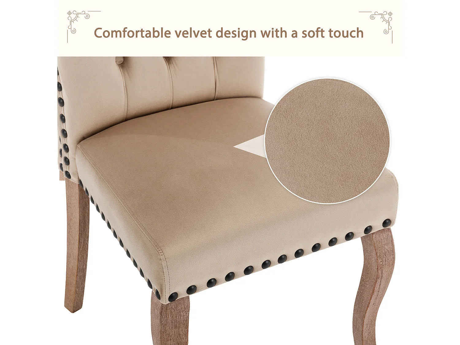 Lot de 6 chaises de salle à manger avec garniture cloutée et dossier rembourré - Velours camel clair