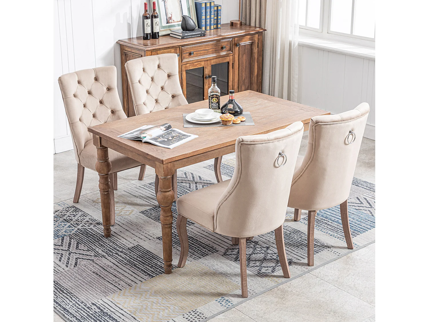 Lot de 4 chaises de salle à manger en velours - dossier haut et pieds en bois - Beige