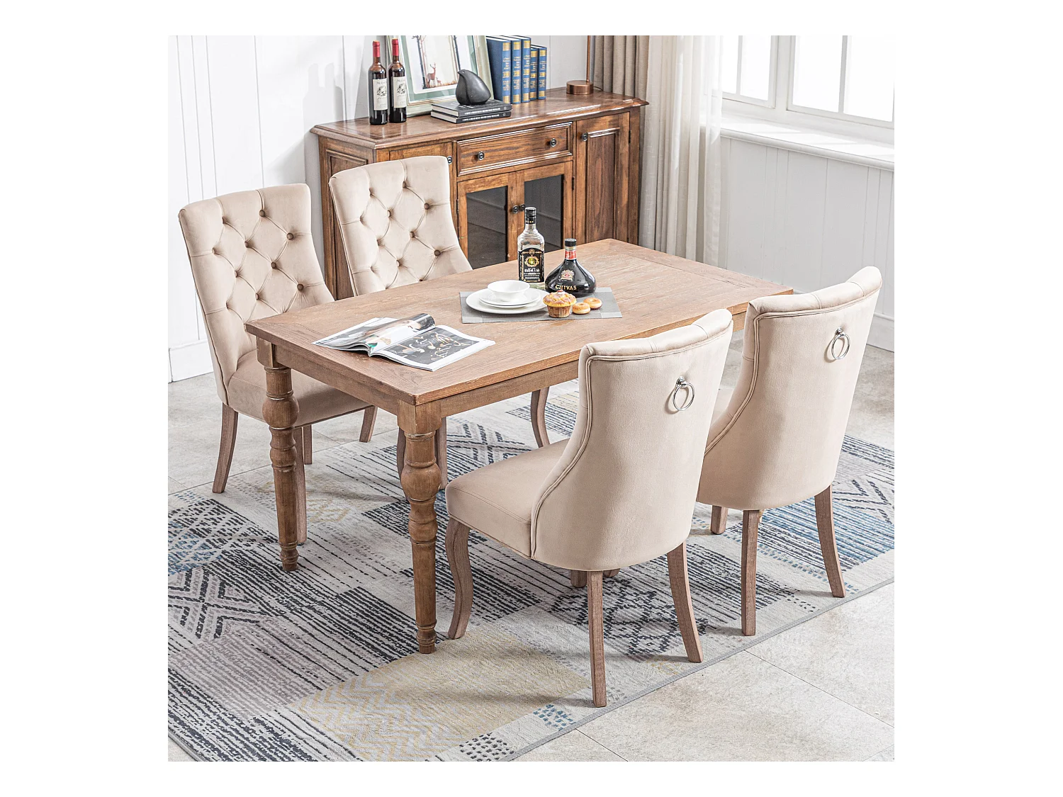 Lot de 4 chaises de salle à manger en velours - dossier haut et pieds en bois - Beige
