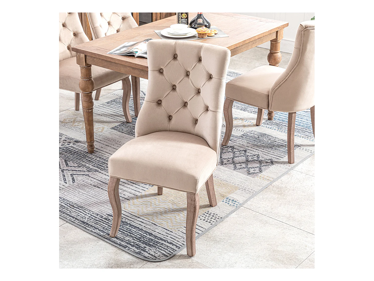 Set van 4 eetkamerstoelen - beige fluweel - gestoffeerde rugleuning - houten poten