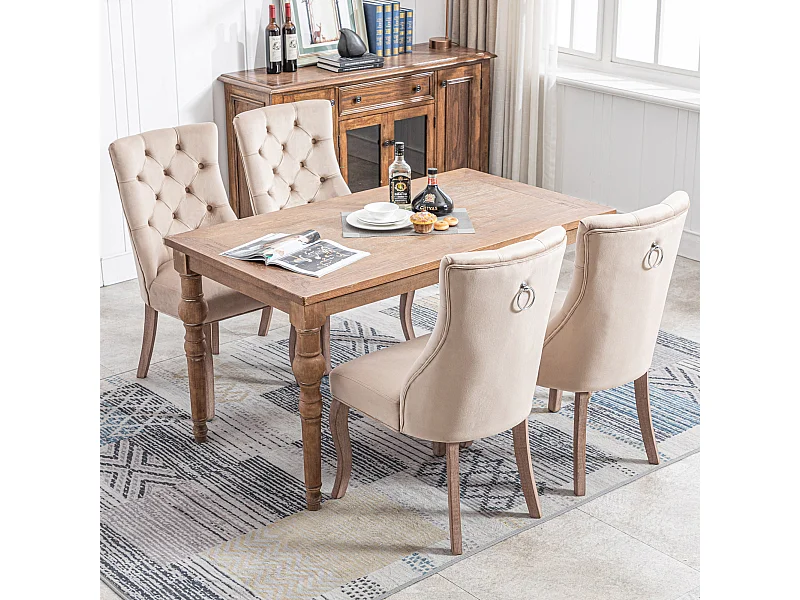 Set van 4 eetkamerstoelen - beige fluweel - gestoffeerde rugleuning - houten poten