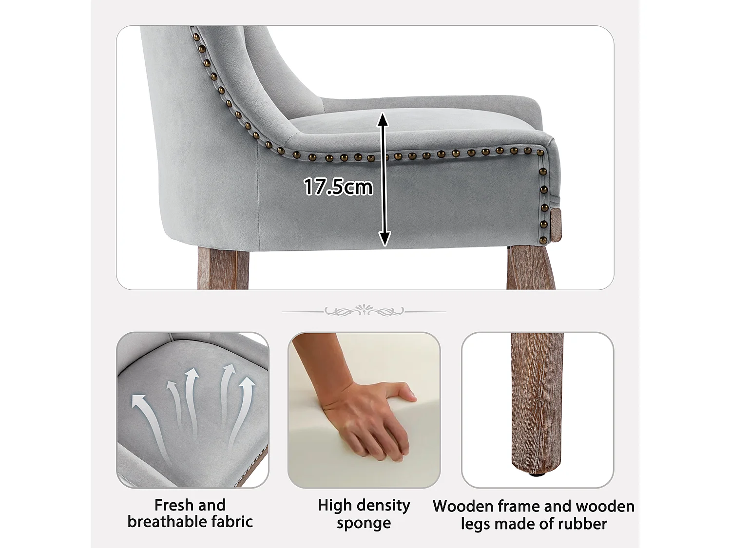 Lot de 4 Chaise de salle à manger Rembourrée avec garniture cloutée et pieds en bois - Gris