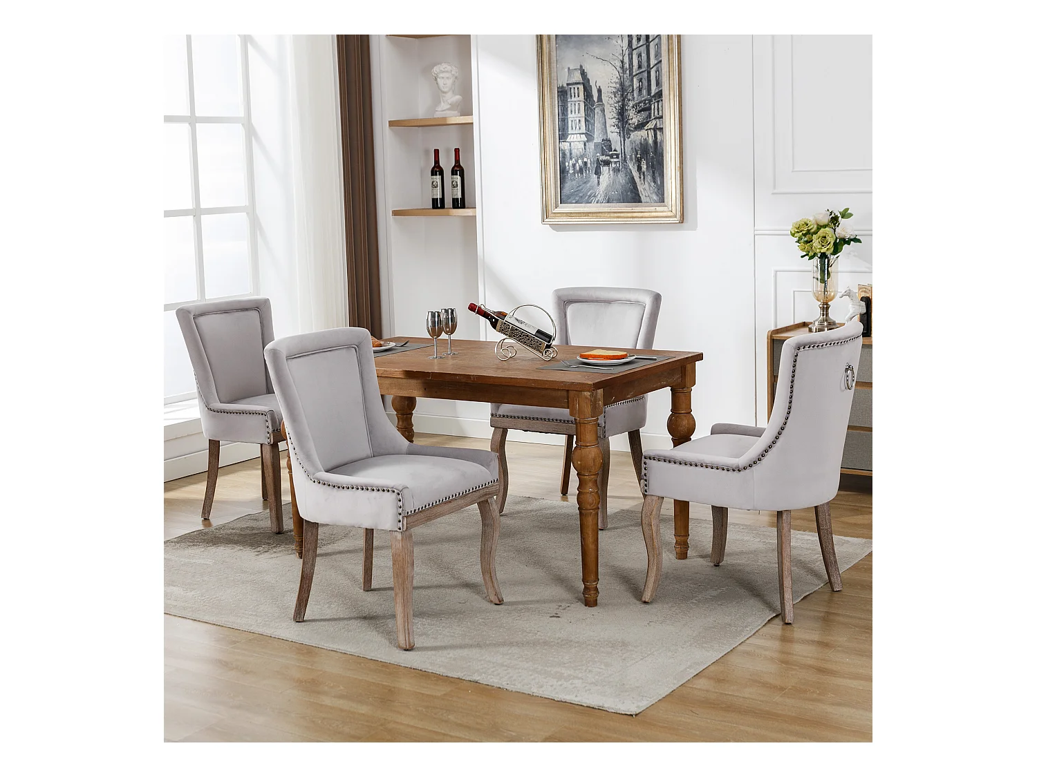 Lot de 4 Chaise de salle à manger Rembourrée avec garniture cloutée et pieds en bois - Gris