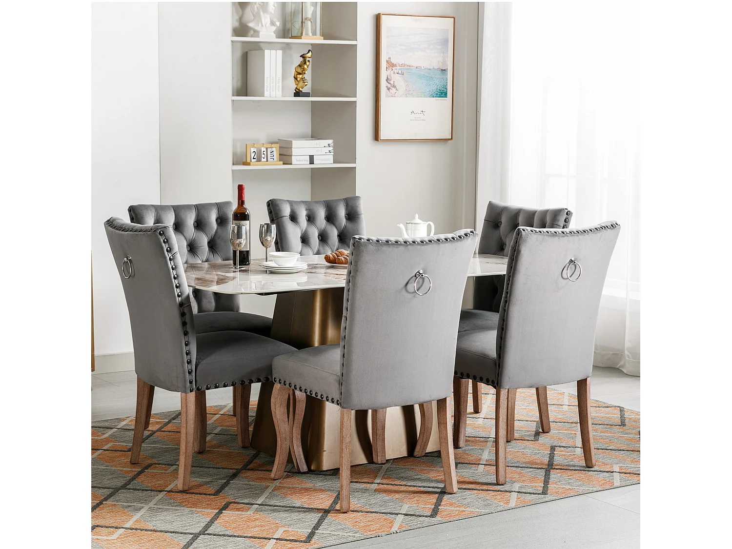 Lot de 6 Chaise de salle à manger Rembourrée avec garniture tête de clou et Pieds en bois - Gris foncé