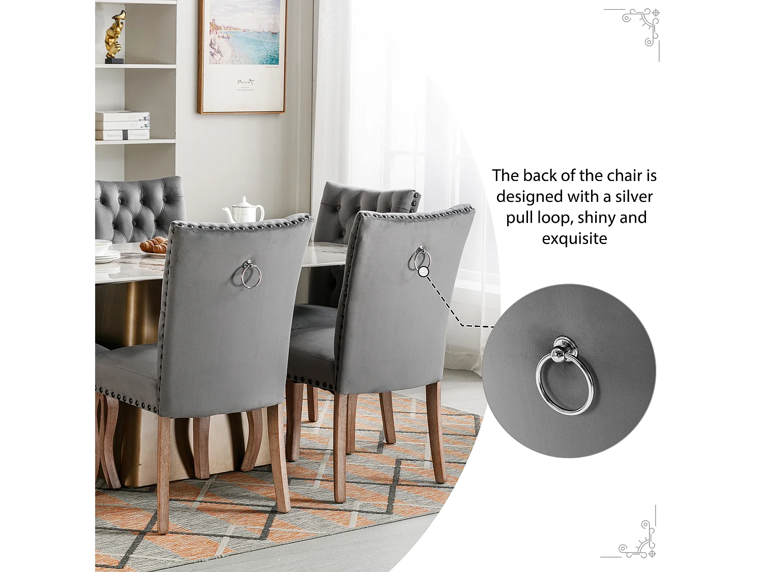 Lot de 6 Chaise de salle à manger Rembourrée avec garniture tête de clou et Pieds en bois - Gris foncé