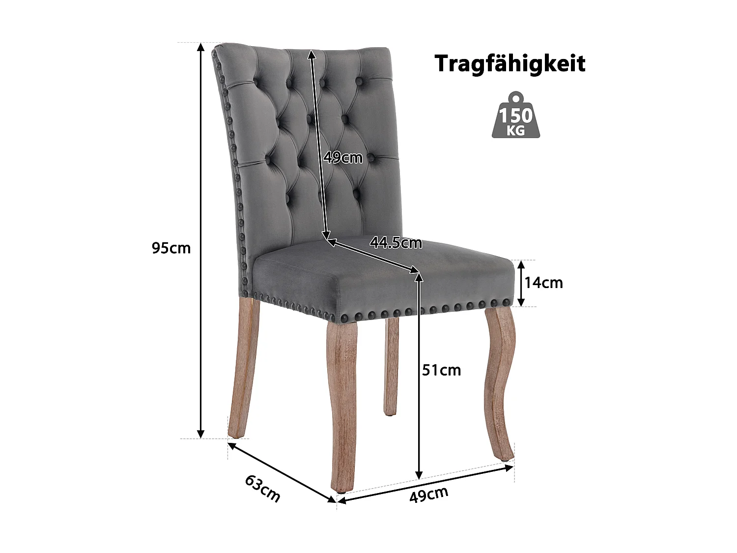 Lot de 6 Chaise de salle à manger Rembourrée avec garniture tête de clou et Pieds en bois - Gris foncé