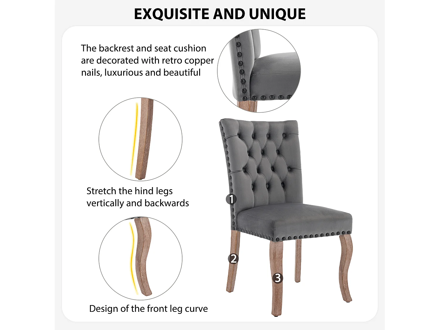 Lot de 6 Chaise de salle à manger Rembourrée avec garniture tête de clou et Pieds en bois - Gris foncé