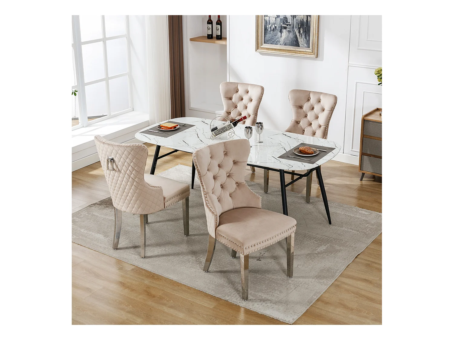 Lot de 4 Chaise de salle à manger rembourrée avec garniture en tête de clou et pieds en métal - Beige