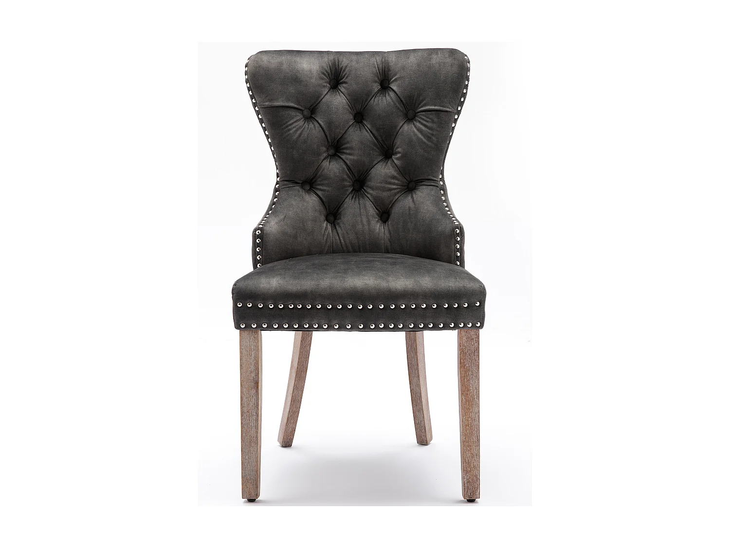 Lot de 6 chaises de salle à manger avec dossier rembourré et garniture cloutée, pieds en bois - velours gris