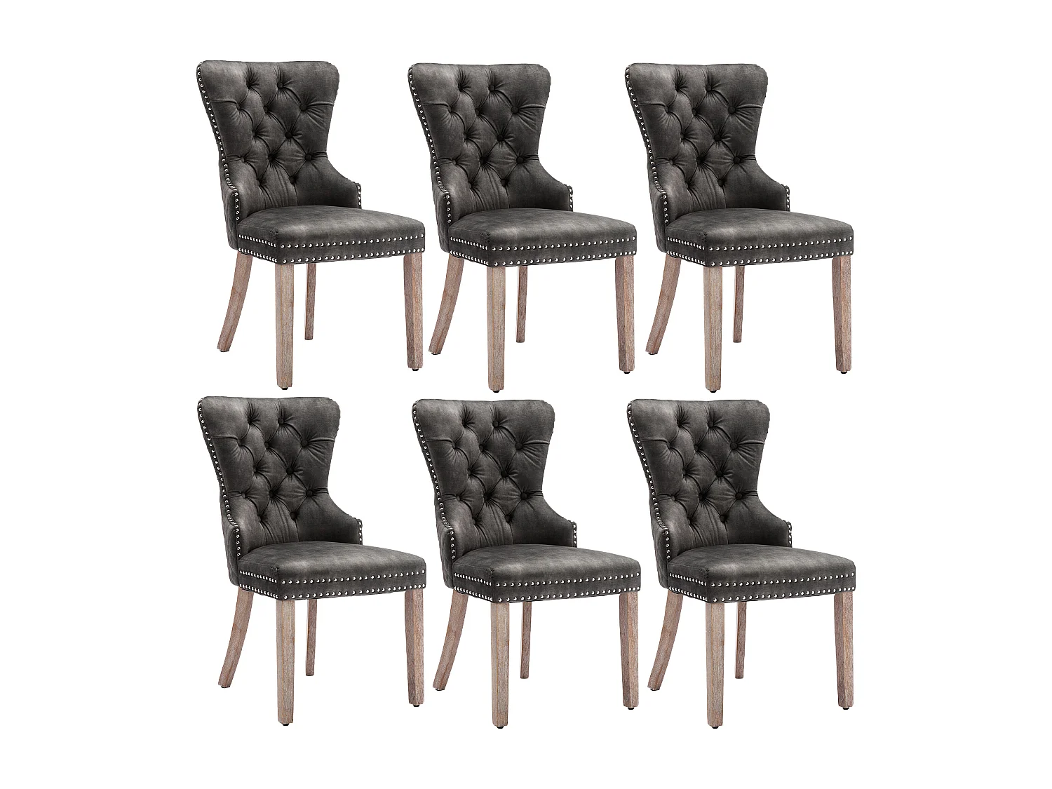 Lot de 6 chaises de salle à manger avec dossier rembourré et garniture cloutée, pieds en bois - velours gris