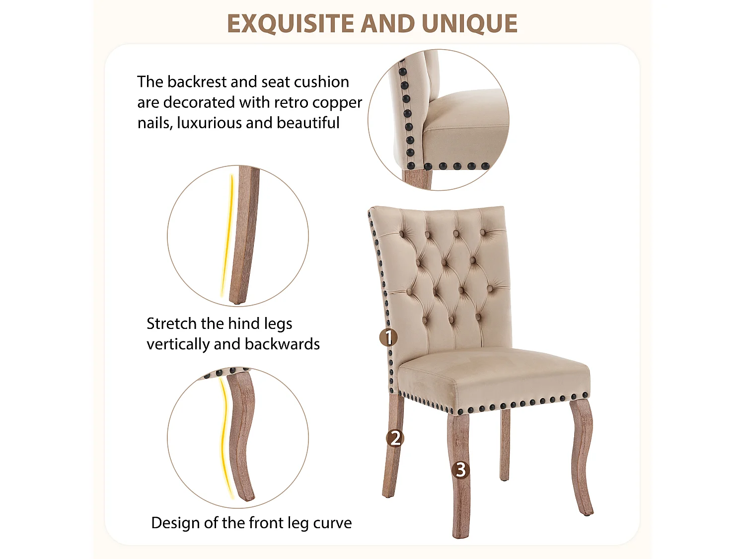 Lot de 4 chaises de salle à manger avec garniture cloutée et dossier rembourré - Velours camel clair