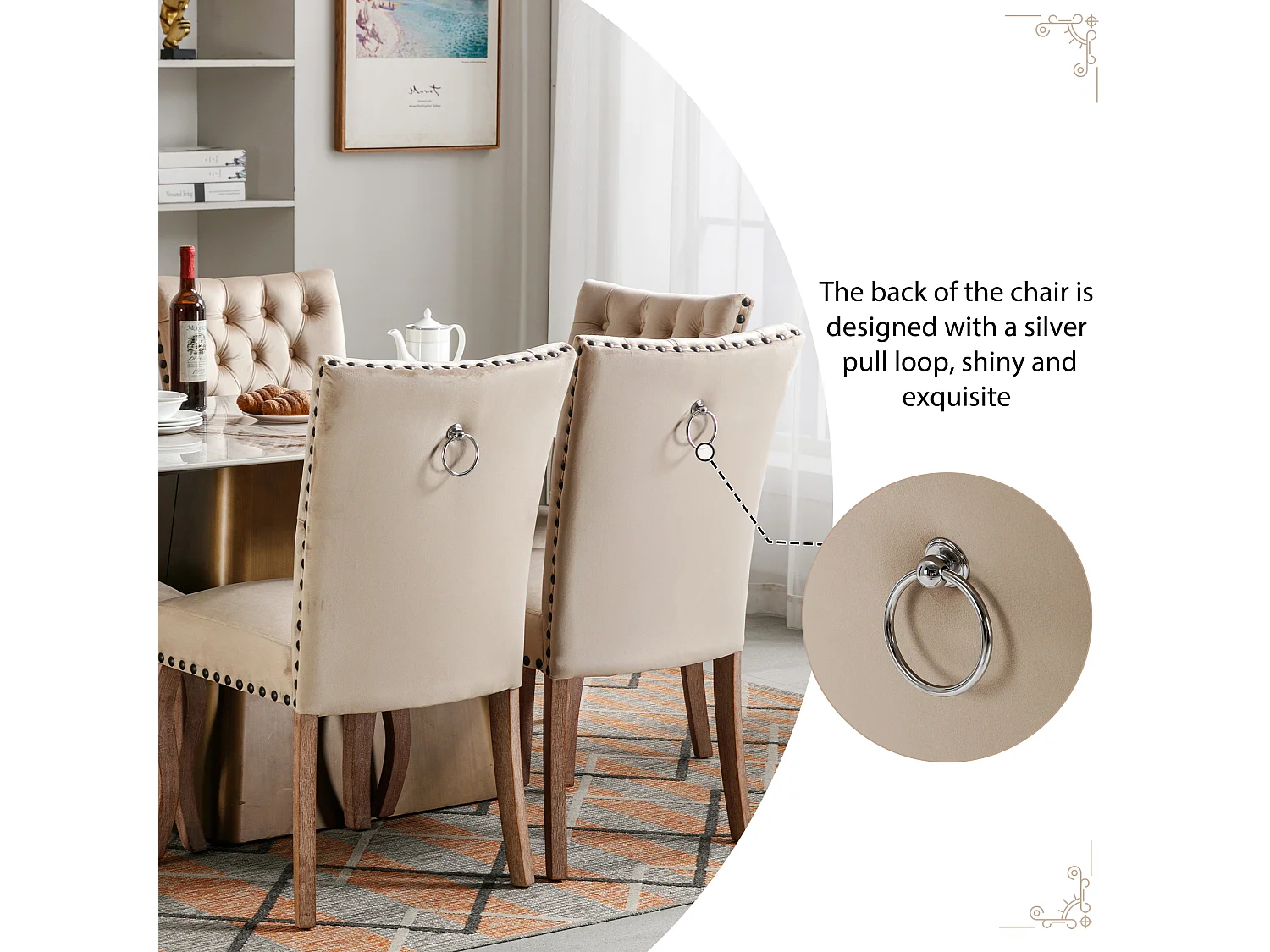 Lot de 4 chaises de salle à manger avec garniture cloutée et dossier rembourré - Velours camel clair