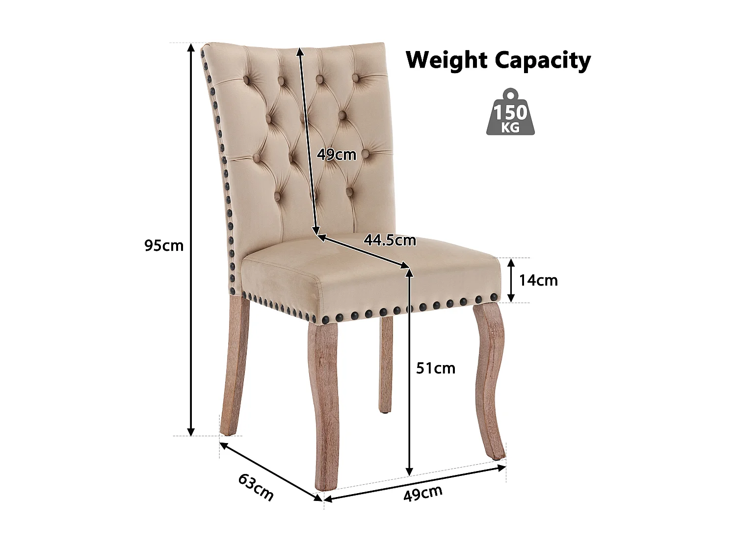 Lot de 4 chaises de salle à manger avec garniture cloutée et dossier rembourré - Velours camel clair