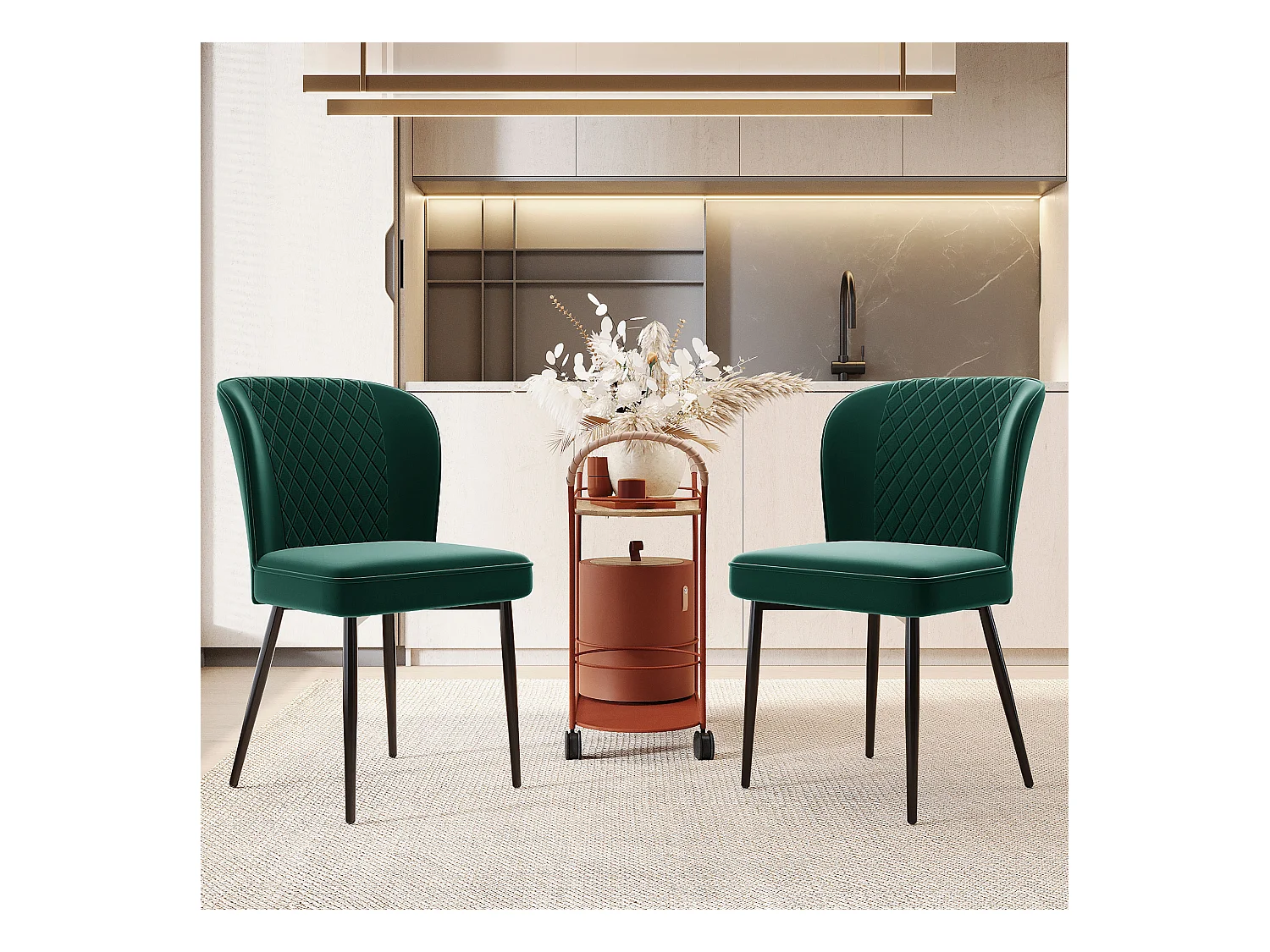 Lot de 2 Chaise de salle à manger Design rembourré Structure Métallique - Vert Foncé