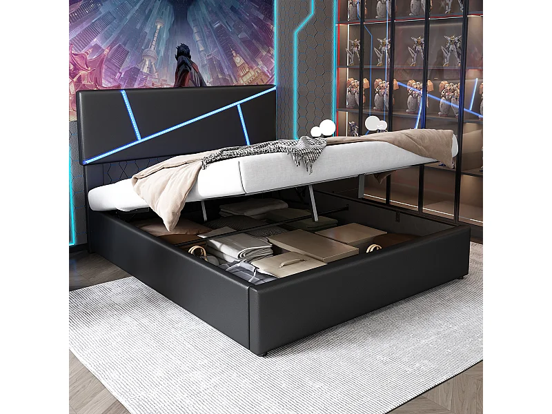 Lit coffre 140x200 cm lit double adulte  avec LED - en cuir artificiel noir - sans matelas