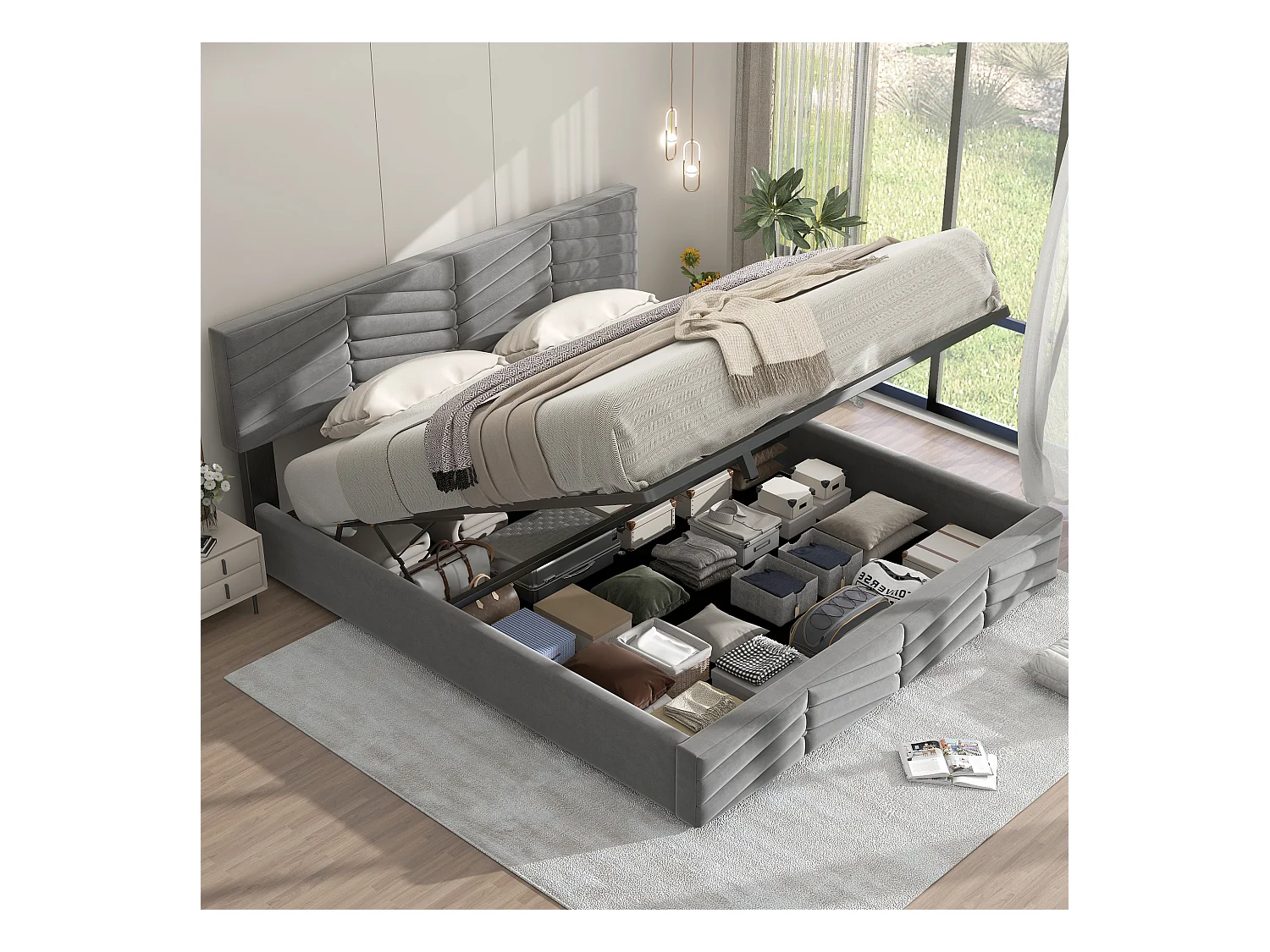 Lit coffre 160x200 cm lit adulte avec style rayures et tête de lit capitonné - velours gris - sans matelas