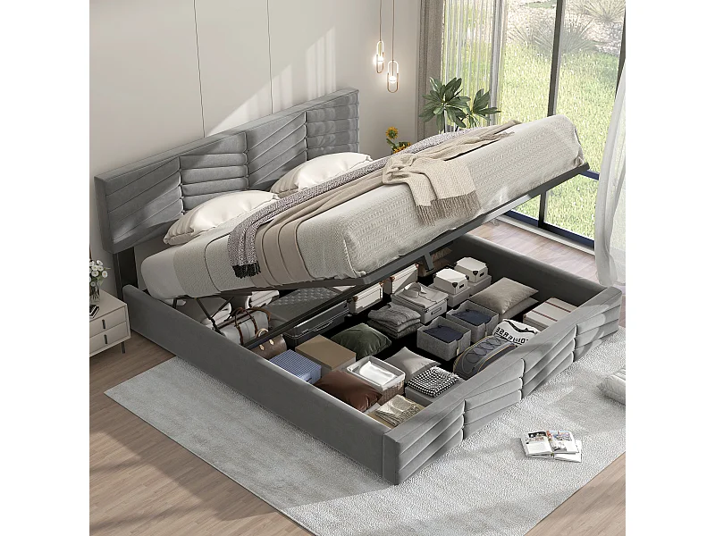 160 x 200 cm Bett mit Stauraum – grauer Samtstoff – Polsterbett mit höhenverstellbarem Kopfteil – ohne Matratze