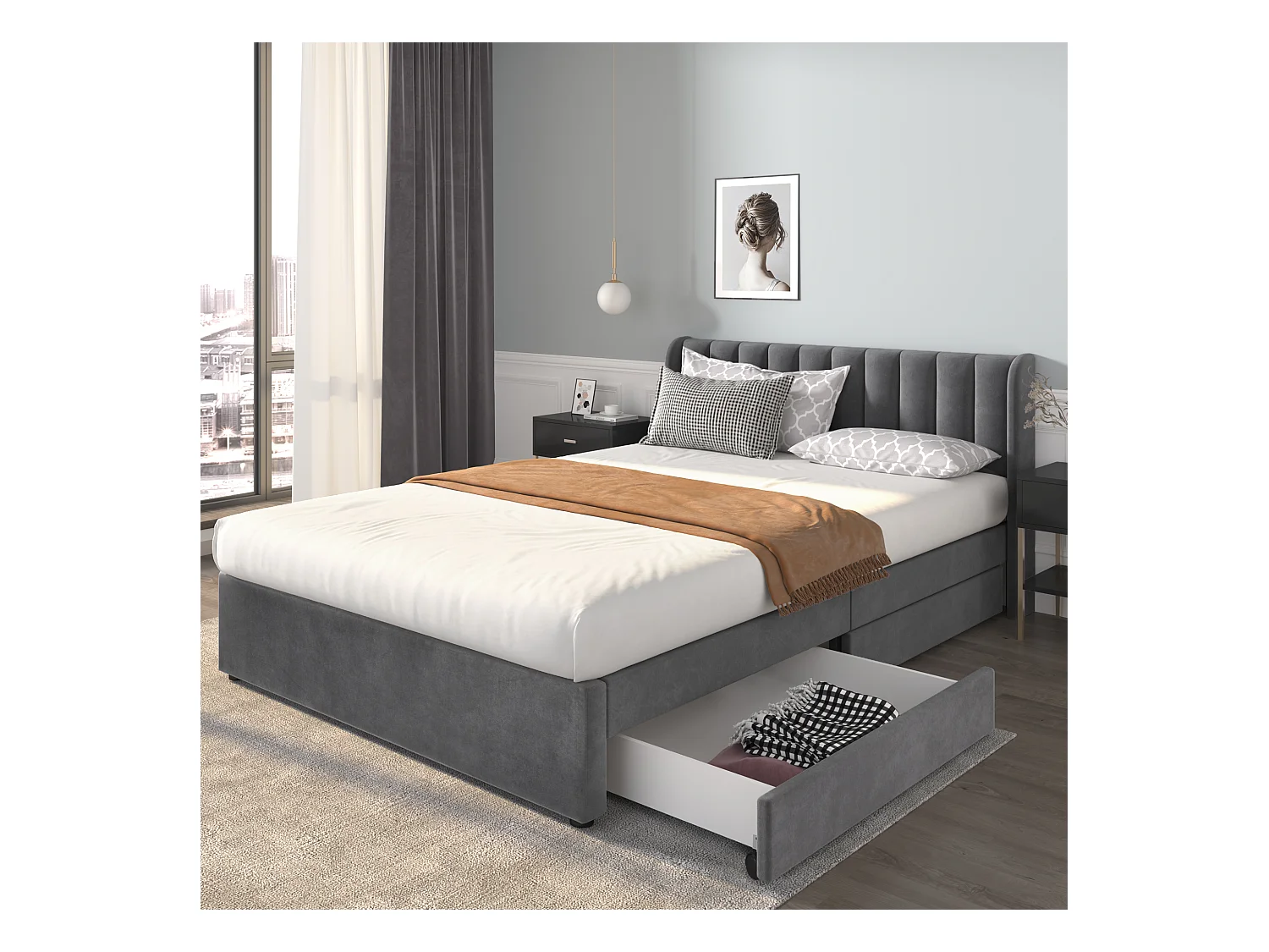 Lit adulte 140x200 cm lit double avec 2 tiroirs - tissu en velours gris - sans matelas