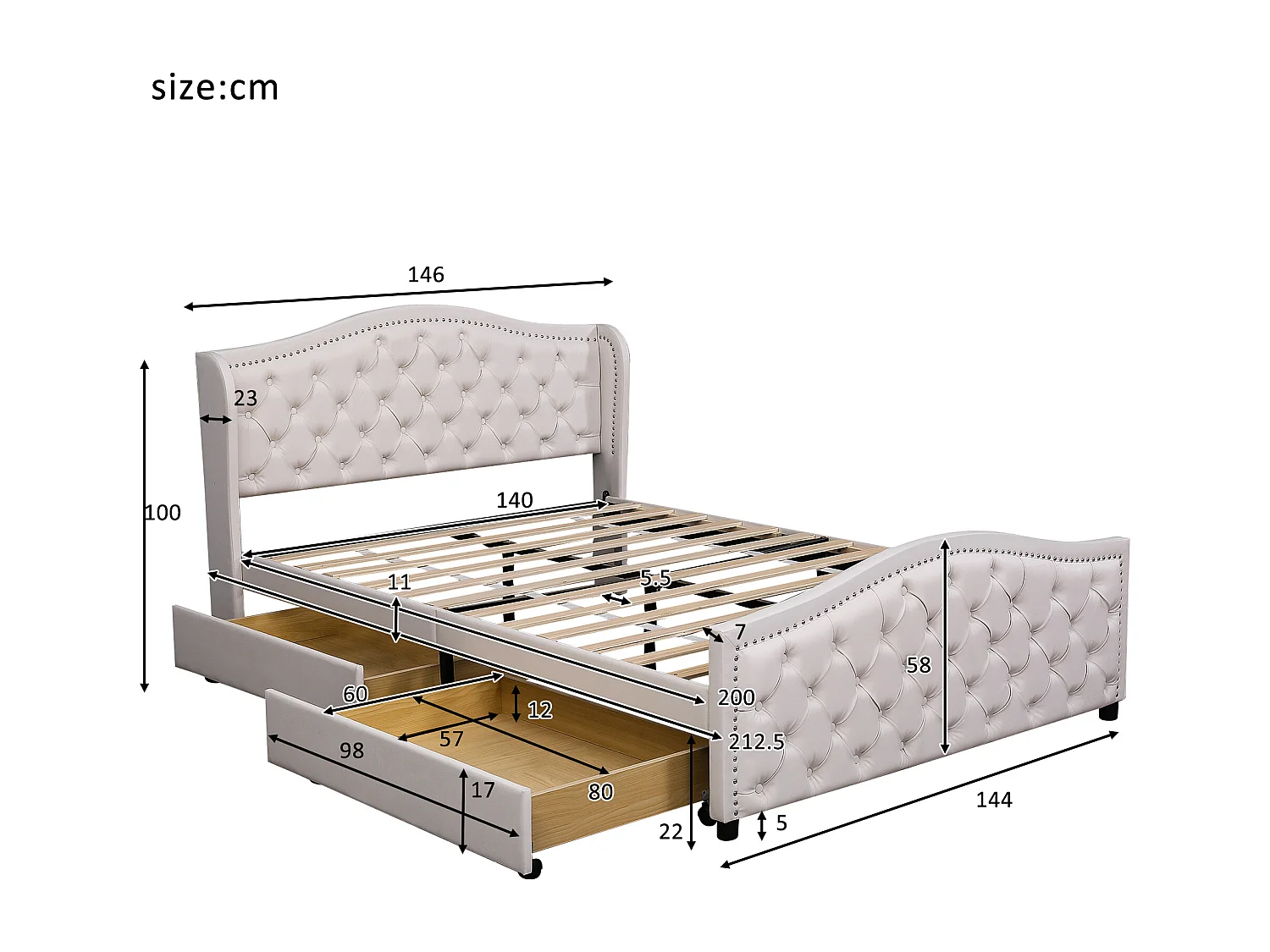 Bed 140x200 cm - wit PU - met 2 lades en geklonken hoofdbord - zonder matras