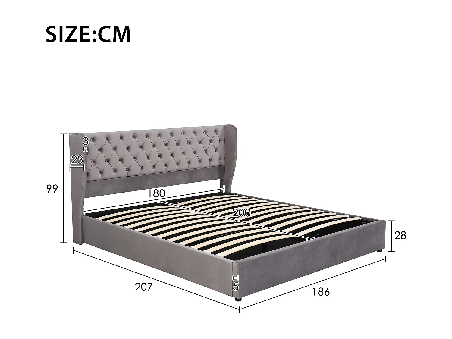 Lit coffre 180x200 cm Lit double avec tête de lit capitonne - velours gris - sans matelas