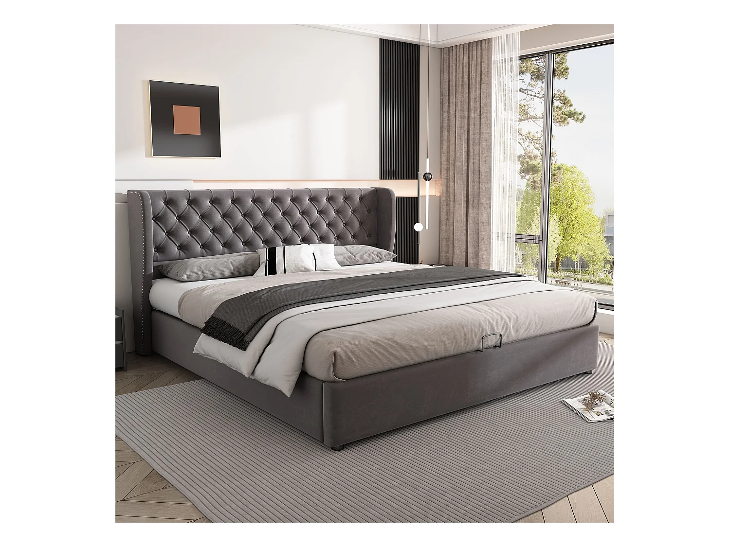 Bett mit Stauraum 180 x 200 cm – Grauer Samt – Gepolstertes Bett mit Kopfteil und Lattenrost – Ohne Matratze