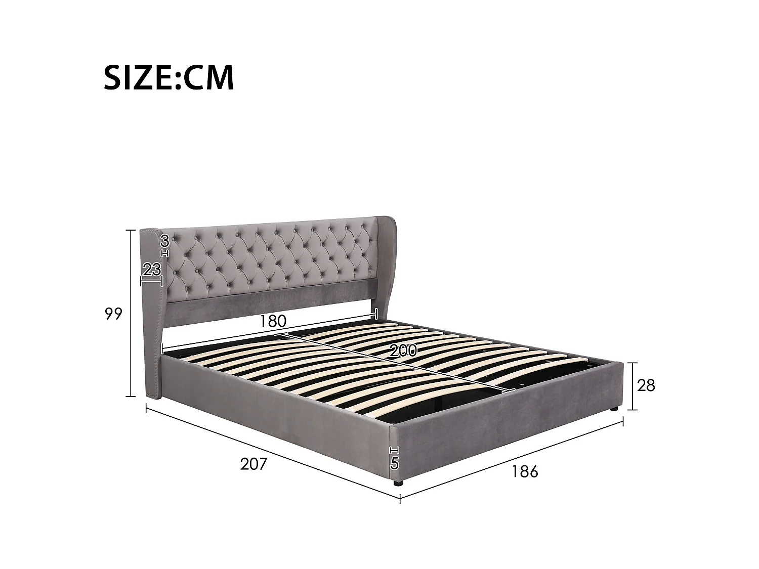 Bett mit Stauraum 180 x 200 cm – Grauer Samt – Gepolstertes Bett mit Kopfteil und Lattenrost – Ohne Matratze