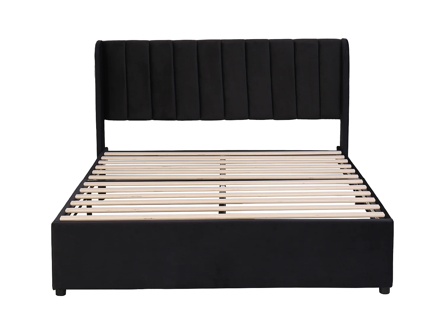 Bett 140 x 200 cm – schwarzer Samt – Erwachsenenbett mit Lattenrost und 2 Schubladen – ohne Matratze