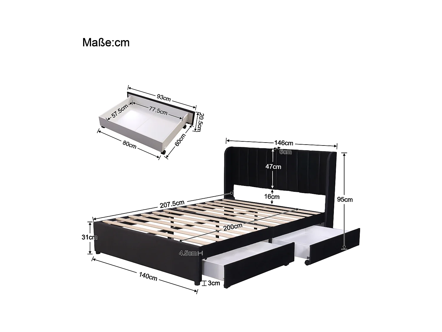 Bett 140 x 200 cm – schwarzer Samt – Erwachsenenbett mit Lattenrost und 2 Schubladen – ohne Matratze