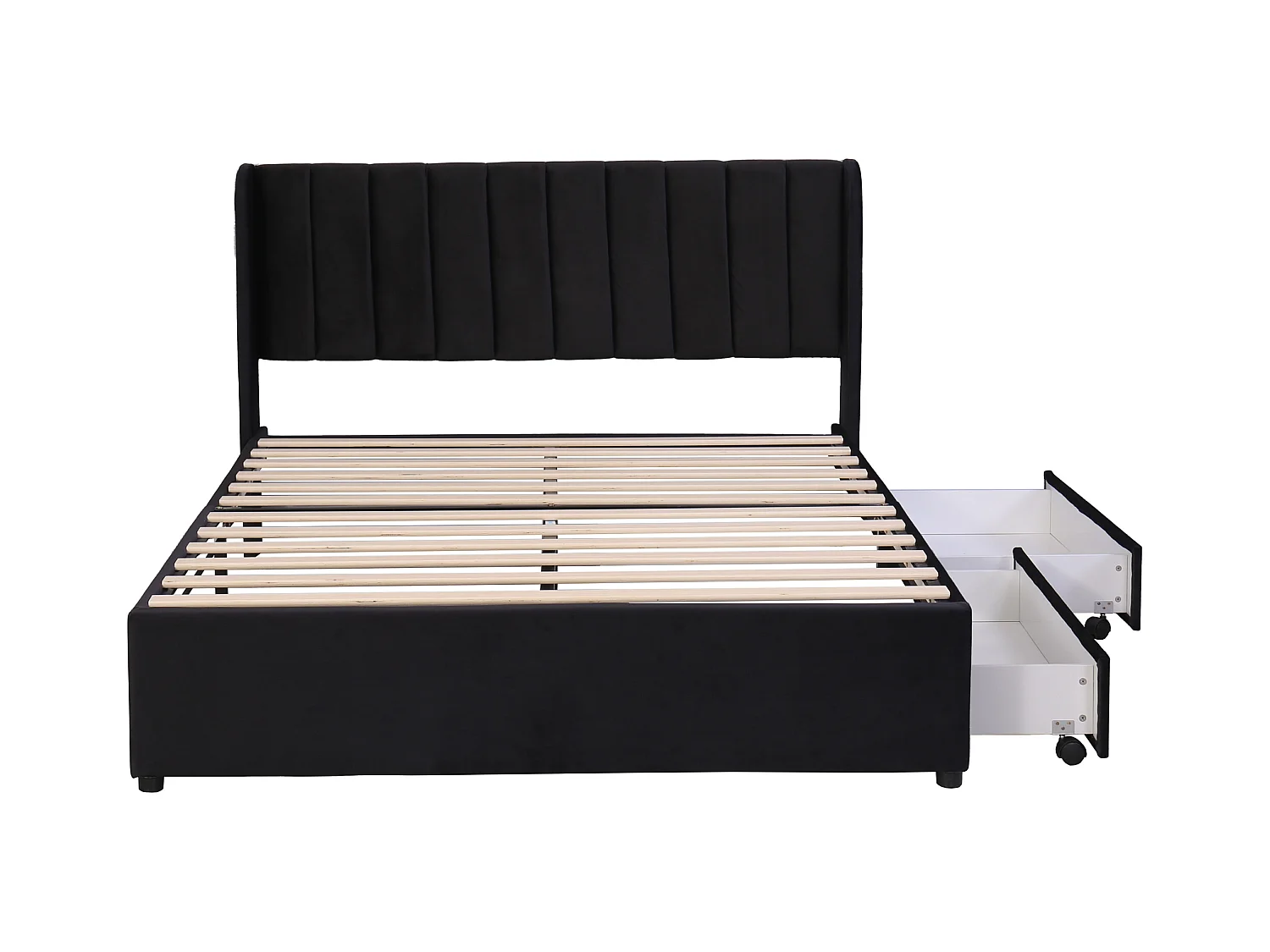 Bett 140 x 200 cm – schwarzer Samt – Erwachsenenbett mit Lattenrost und 2 Schubladen – ohne Matratze