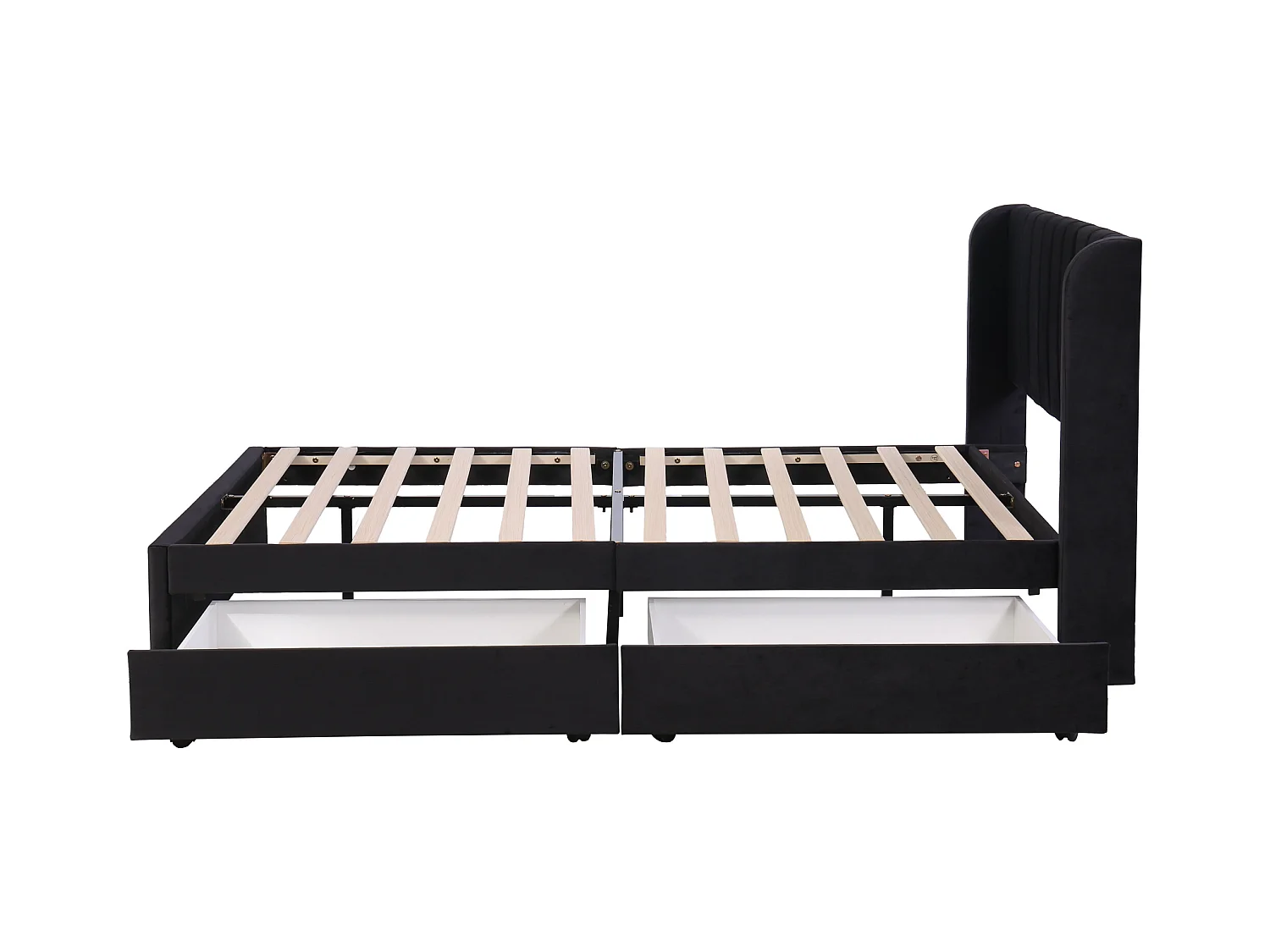 Bett 140 x 200 cm – schwarzer Samt – Erwachsenenbett mit Lattenrost und 2 Schubladen – ohne Matratze