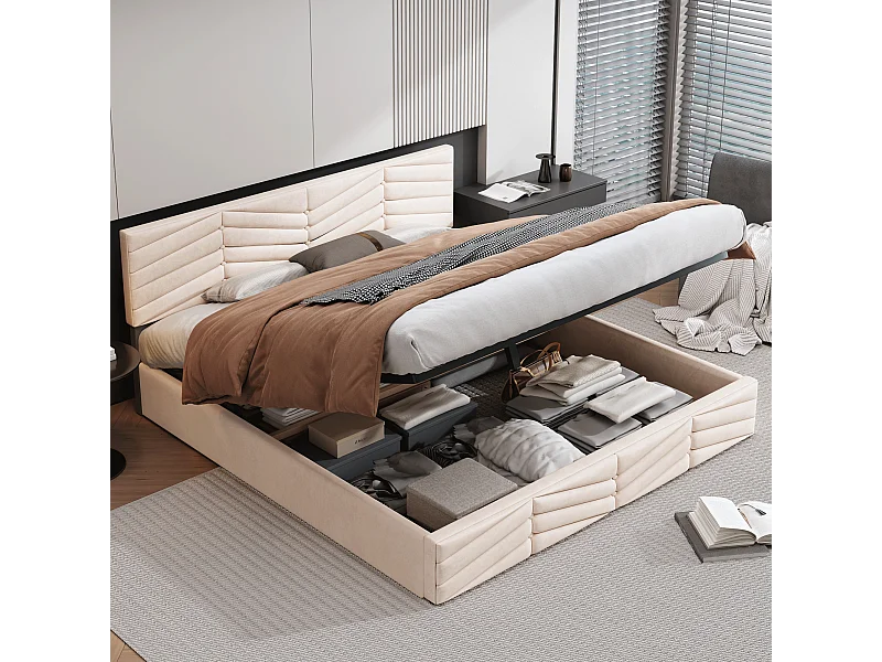 180 x 200 cm Bett mit Stauraum – beigefarbener Samtstoff – Doppelbett mit verstellbarem Kopfteil und Lattenrost – ohne Matratze