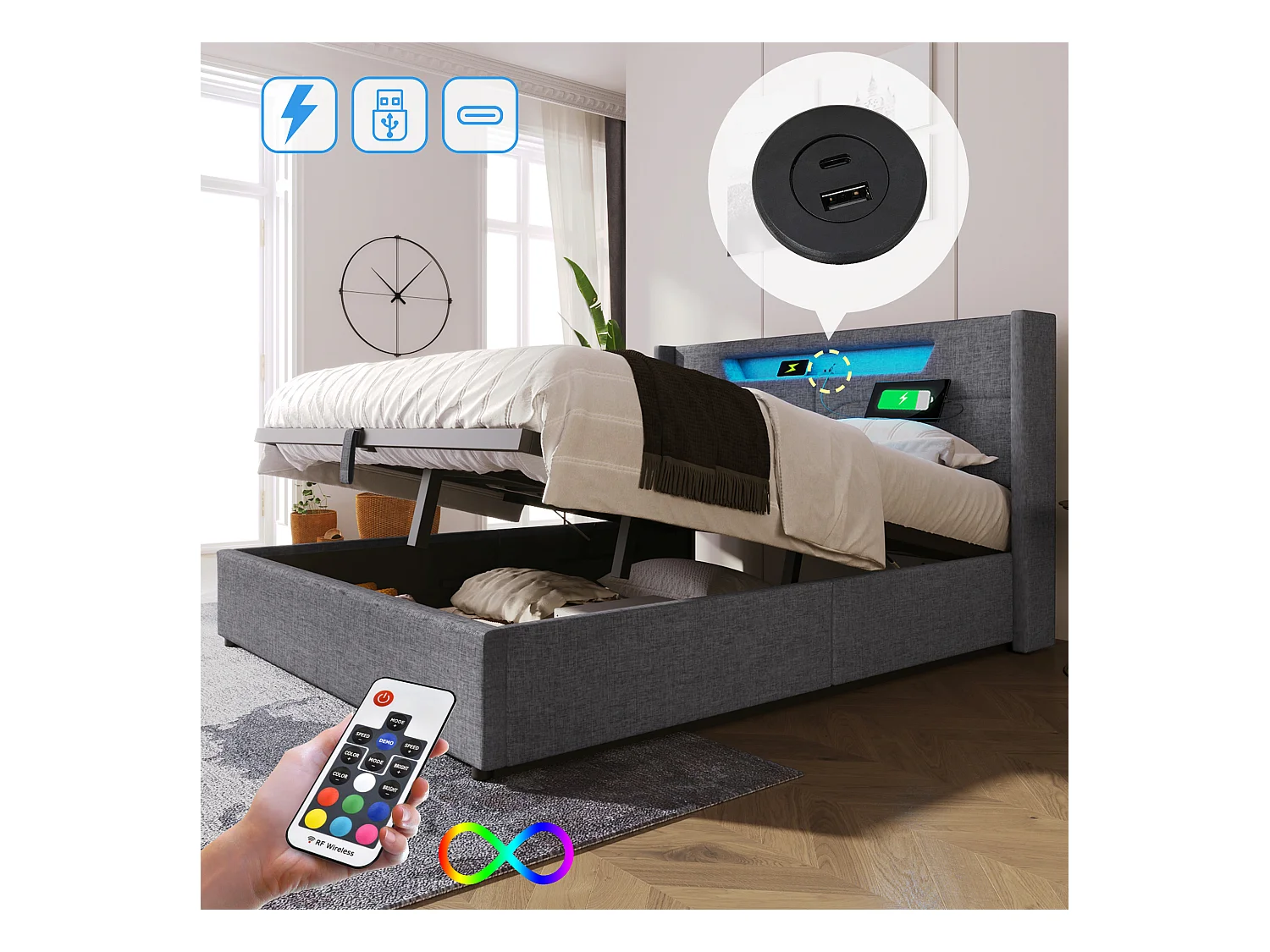 Lit coffre 140x200 cm - Lit adulte avec éclairage LED et recharge USB - Lin gris - sans matelas
