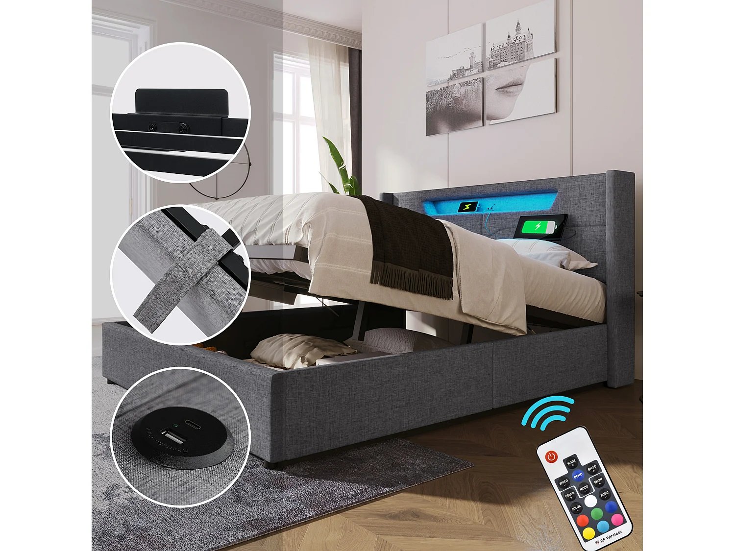 Łóżko ze schowkiem 140x200 cm - szary len - łóżko młodzieżowe z funkcją ładowania przez USB i oświetleniem LED - bez materaca