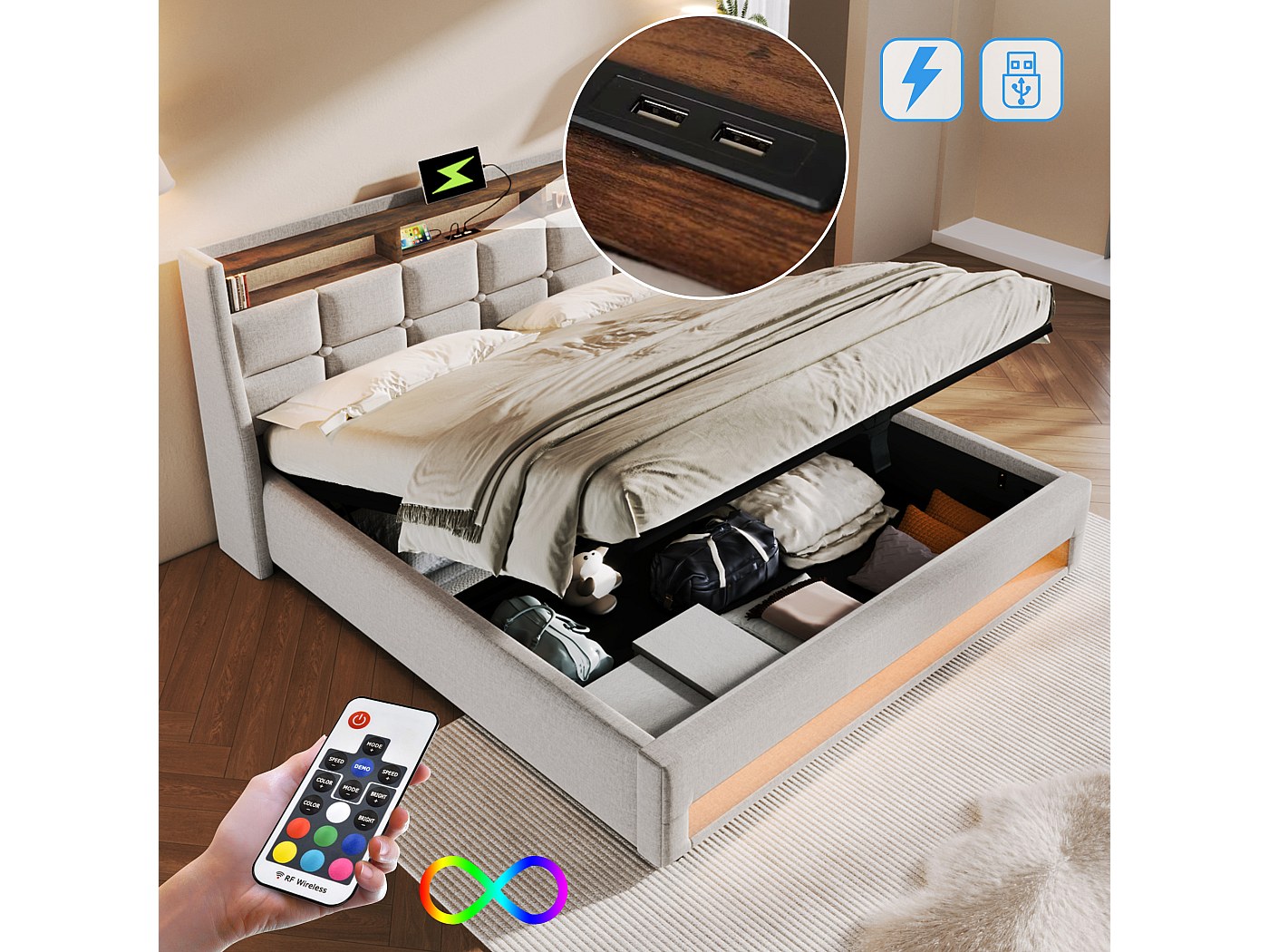 FOUBAM Gestoffeerd bedframe 90 x 200 cm, bedframe met led en laadstation, metalen bed met hoofdeinde, modern logeerbed, tienerbed, metalen eenpersoonsbed met lattenbodem, voor slaapkamer, zwart