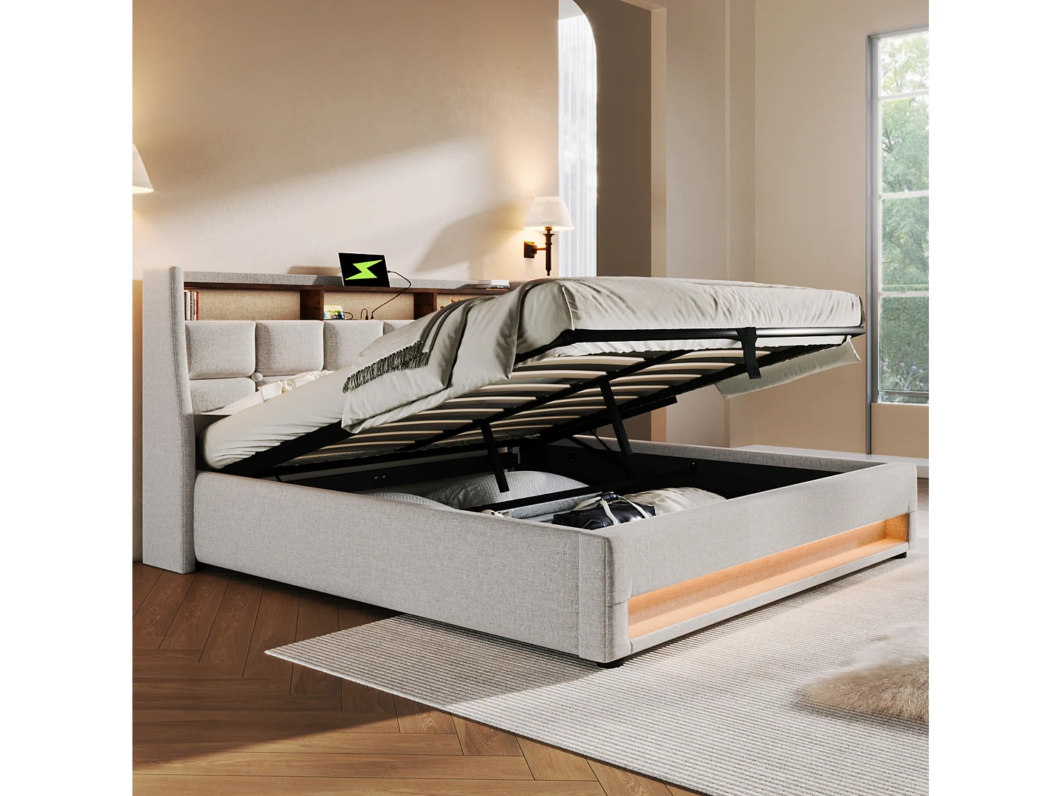 Lit coffre 180x200 cm - Lit double avec éclairage LED et recharge USB - Lin beige - Sans matelas