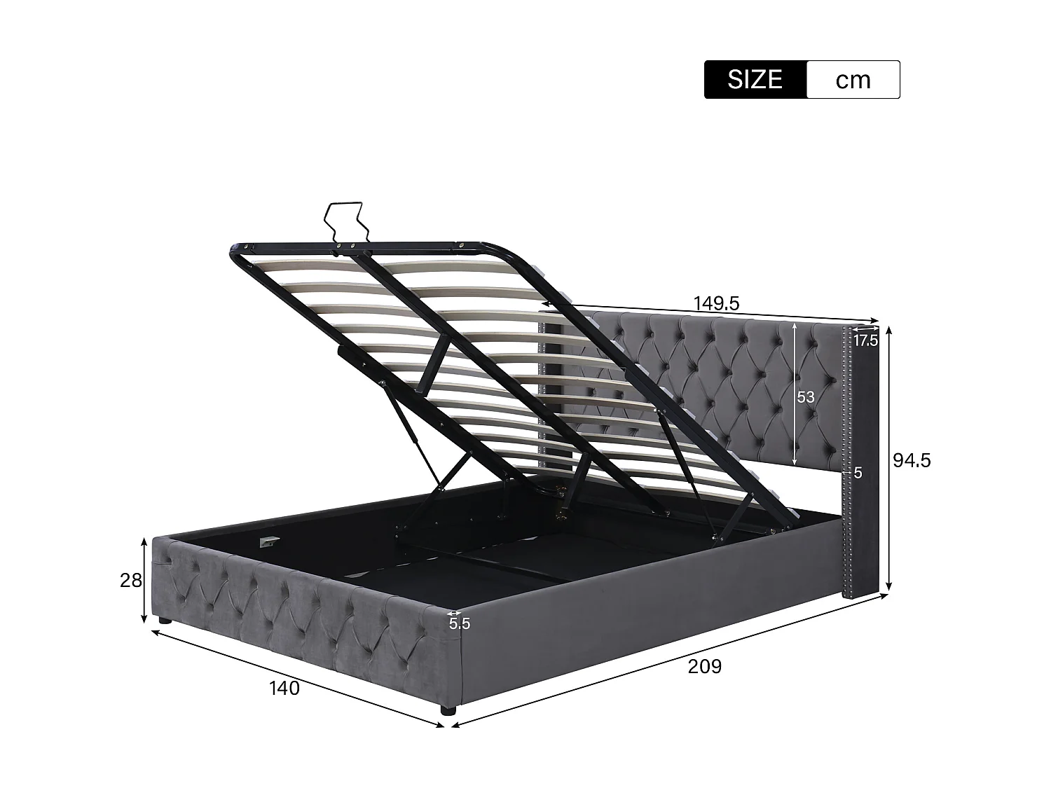 Lit coffre 140x200 cm, lit adulte double avec rangement et tête de lit capitonné - velours gris - sans matelas