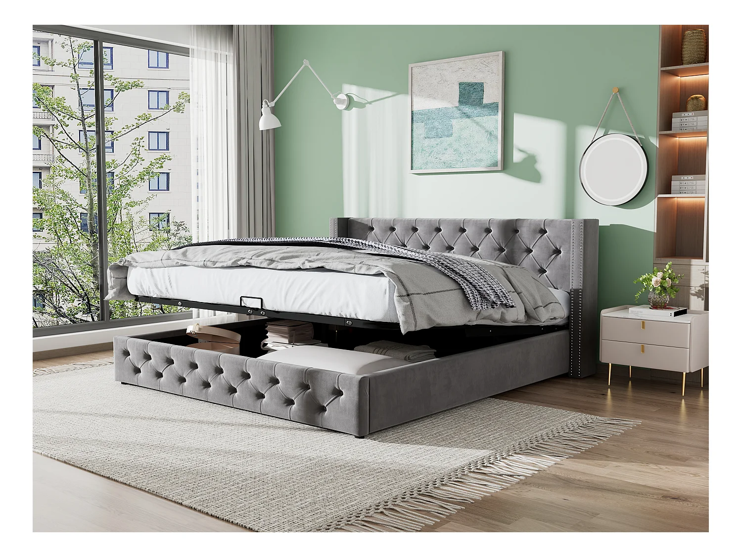 Lit coffre 140x200 cm, lit adulte double avec rangement et tête de lit capitonné - velours gris - sans matelas