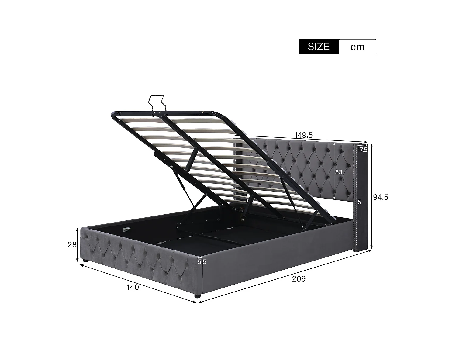 Bett mit Stauraum 140 x 200 cm – grauer Samt – Bett mit Stauraum, gepolstertem Kopfteil und Lattenrost – ohne Matratze