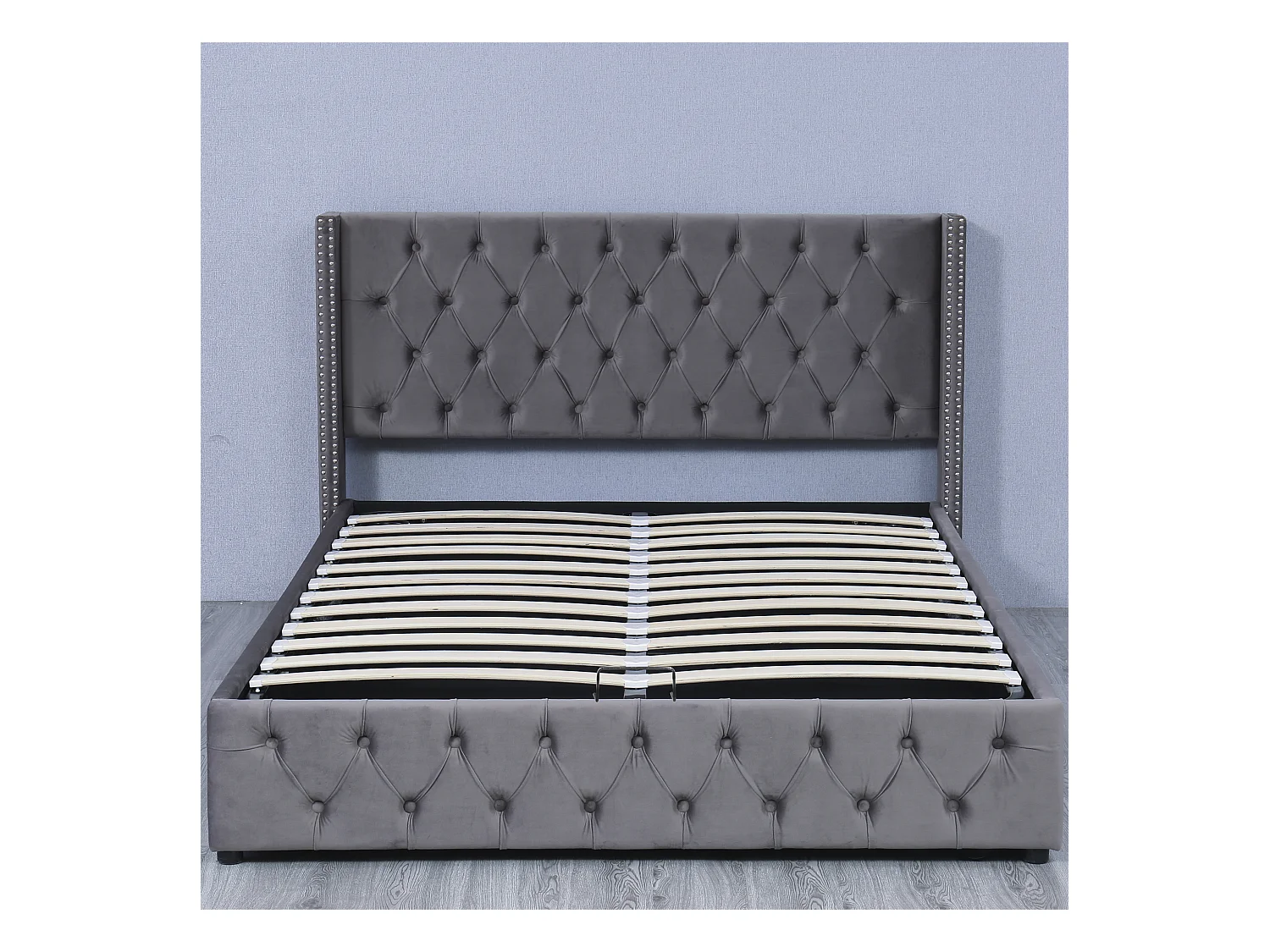 Bett mit Stauraum 140 x 200 cm – grauer Samt – Bett mit Stauraum, gepolstertem Kopfteil und Lattenrost – ohne Matratze