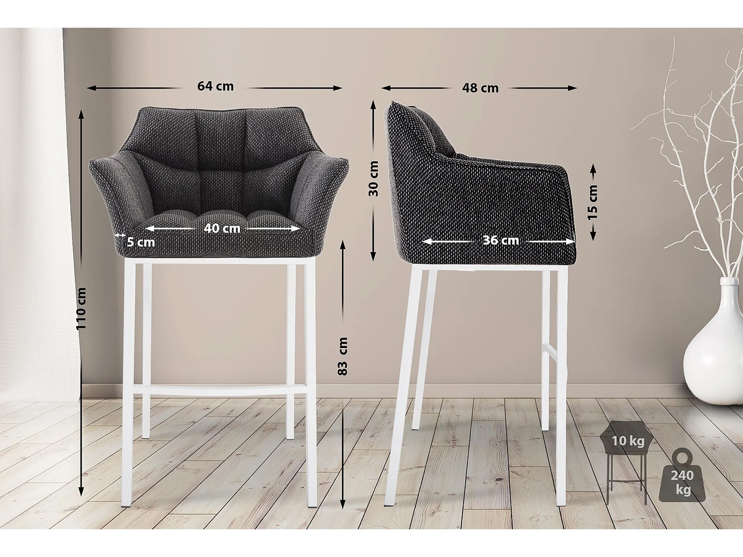 Lot de 2  Tabouret de bar - Tissu & Blanc - Gris titane - Damaso