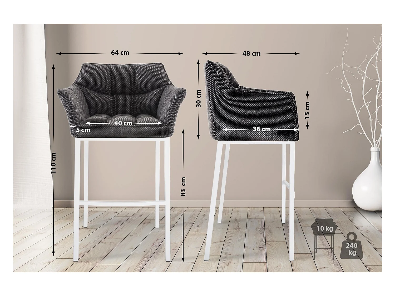 Lot de 2  Tabouret de bar - Tissu & Blanc - Gris titane - Damaso