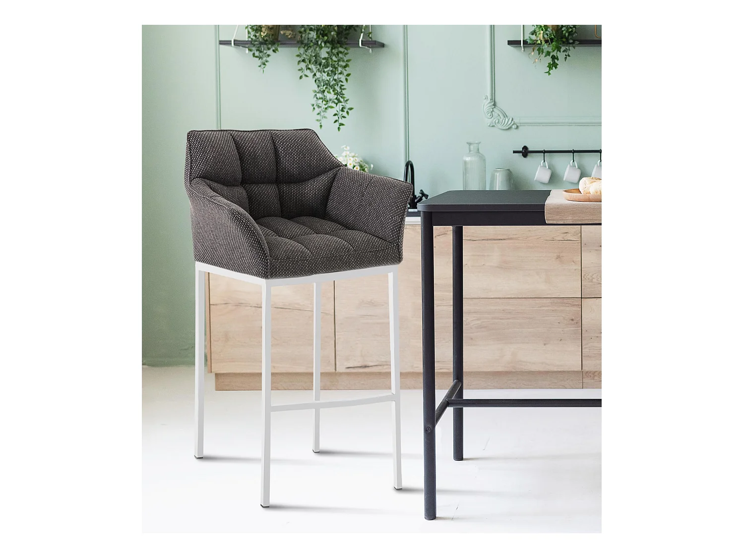 Lot de 2  Tabouret de bar - Tissu & Blanc - Gris titane - Damaso