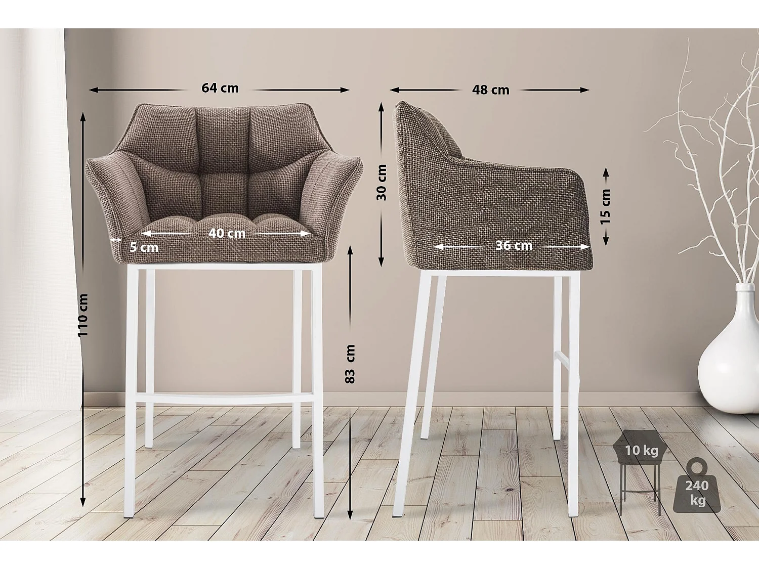 Lot de 2  Tabouret de bar - Tissu & Blanc - Marron terre - Damaso